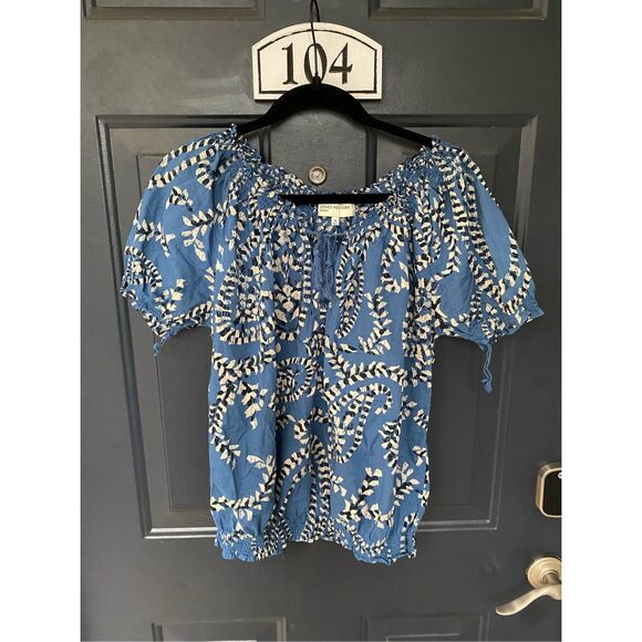Jones New York Blue White Geometric Short Sleeve Blouse, Size Medium, MP $80 - Picture 1 of 9